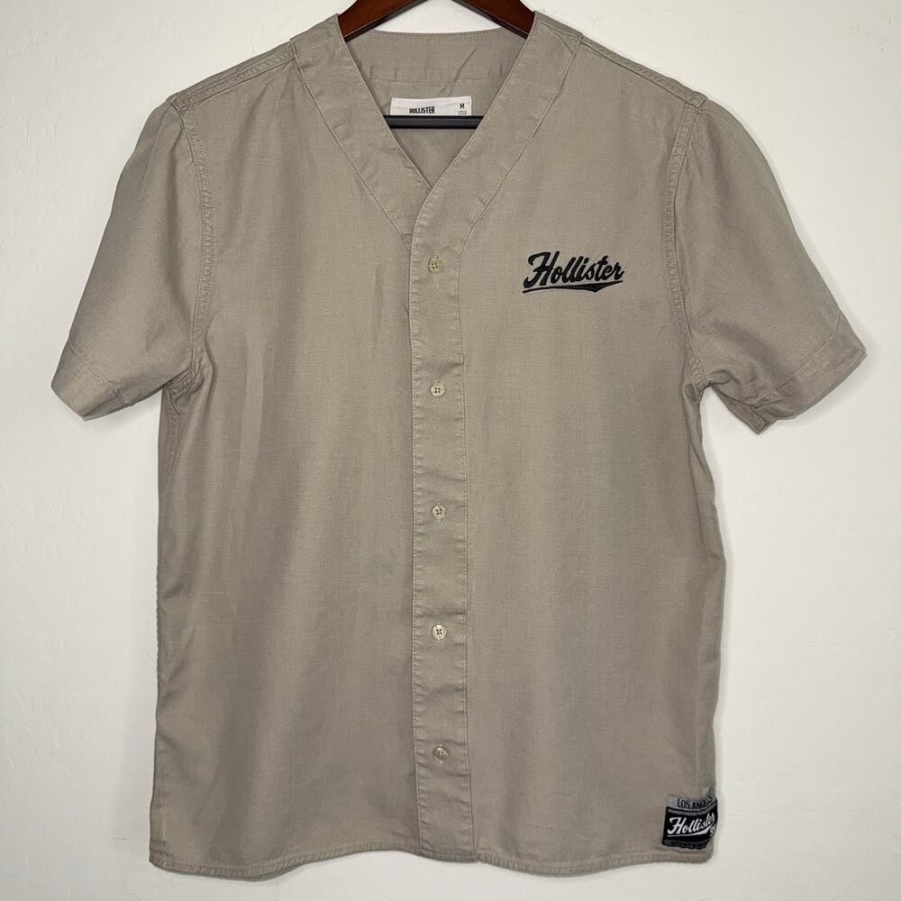 Hollister Baseball Button Up Shirt Boys Youth Medium Khaki Short Sleeve Casual